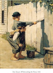 Norman Rockwell painting of Tom Sawyer white washing the fence.